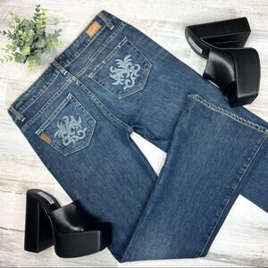 PAIGE Blue Boot Cut Jeans with Embroidered Details